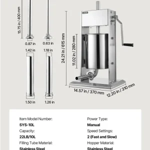 Професионална пълначка за месо Vevor SYS-10L, Капацитет 10 литра, 2 скорости, 4 накрайника от неръждаема стомана - Image 6